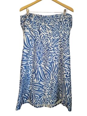 ​Ann Taylor 100% Silk Blue White Floral Strapless Ruched Cocktail Dress Size 12